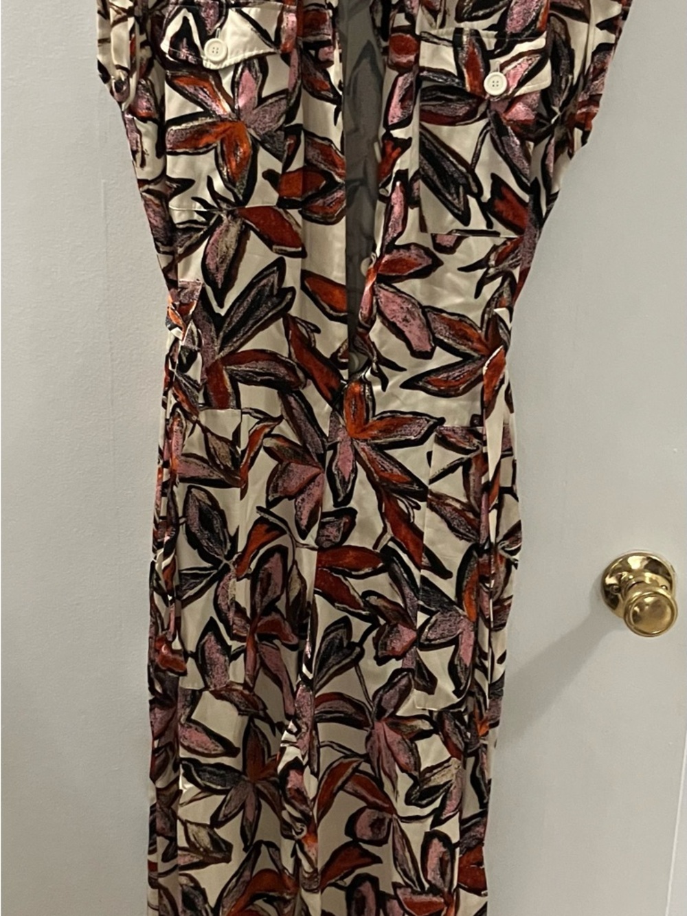Boss Cream jumpsuit with Pink and Rust Leaf Print